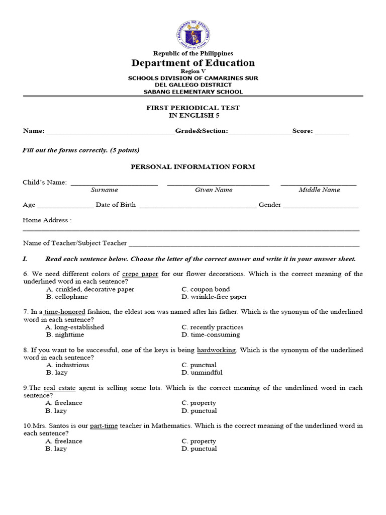 G5 English Q1 Periodical Test Pdf Grammar Syntax