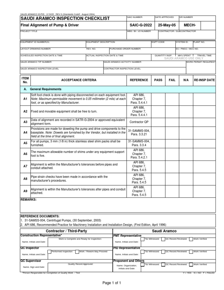 Insp Checklist Piping Alignment PDF Pipe (Fluid Conveyance