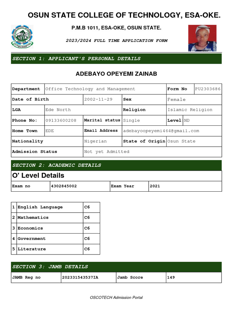 OSCOTECH 2023/2024 Admission Details | PDF