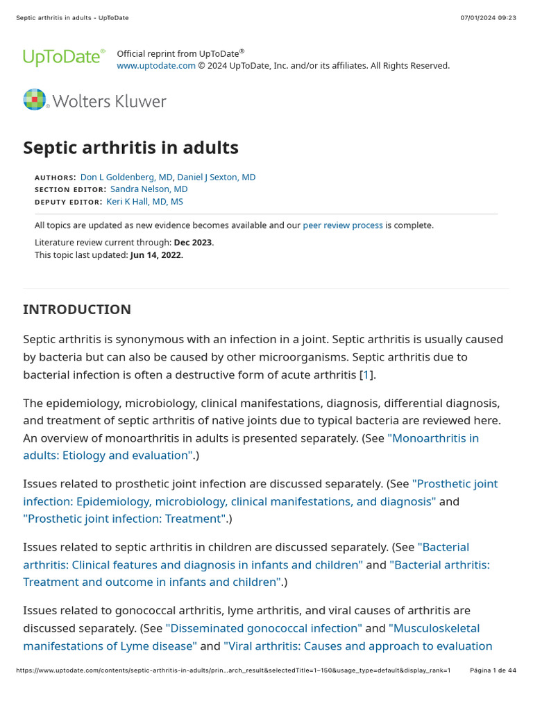 Septic Arthritis in Adults UpToDate Download Free PDF Sepsis