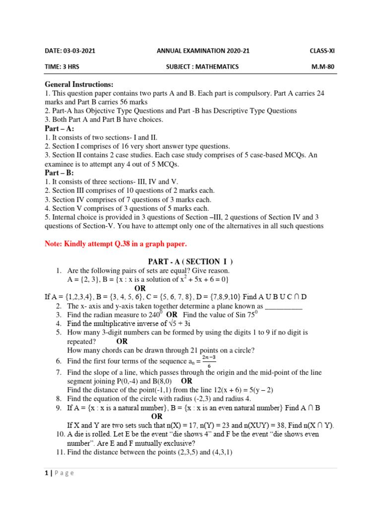 Class 11 Maths Exam Paper 2020-21 | PDF | Circle | Multiple Choice