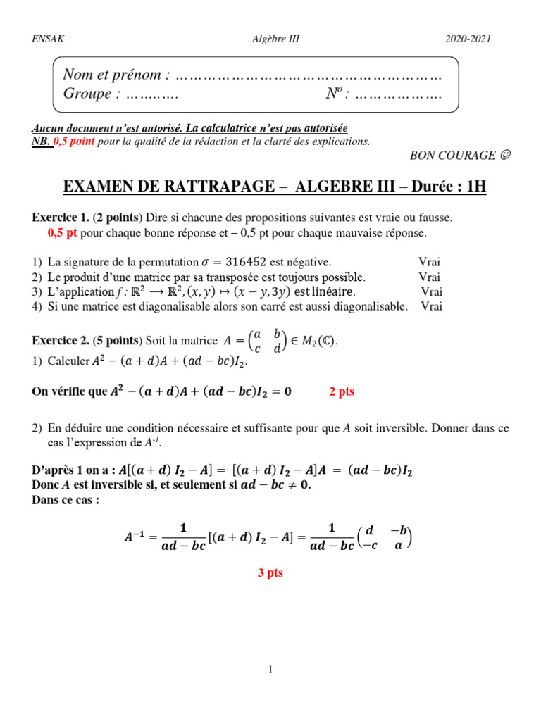 Examen de Rattrapage Algèbre III | PDF | Matrice (Mathématiques ...