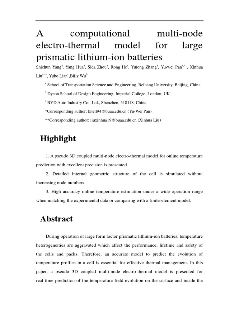 A Computational Multi-Node Electro-Thermal Model For Large Prismatic ...