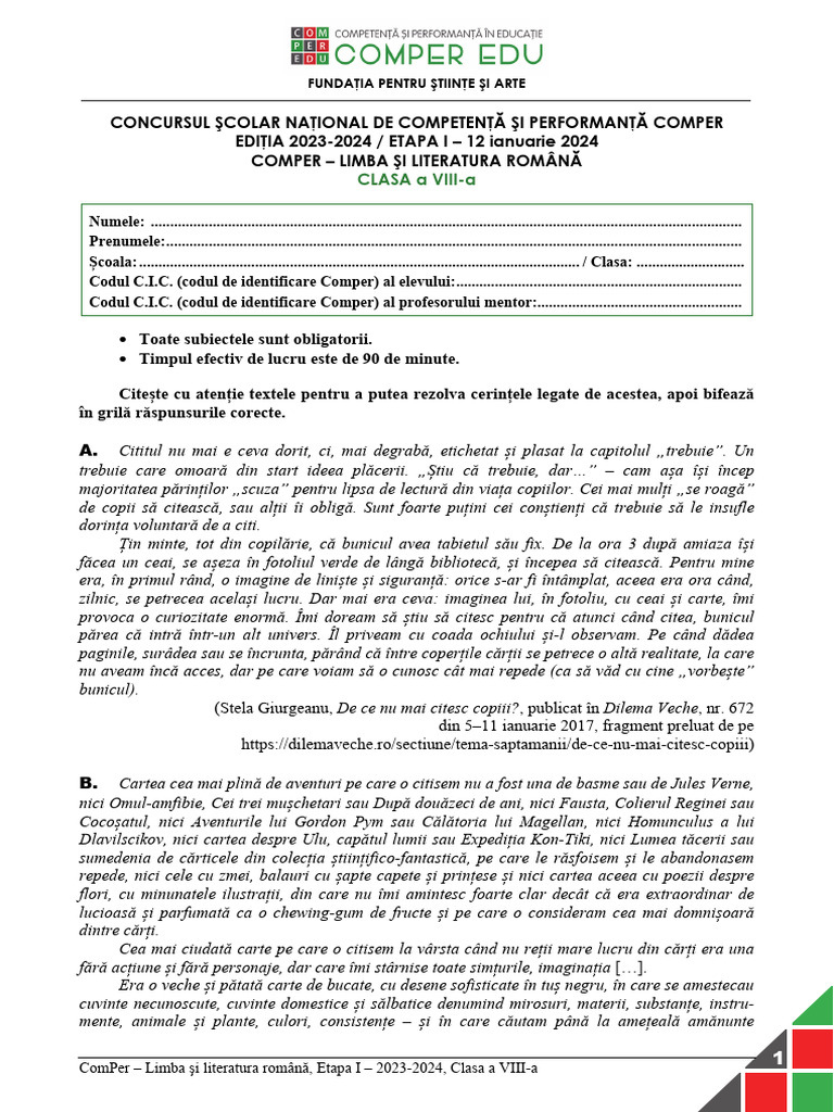Subiect Comper Romana EtapaI 2023 2024 clasaVIII | PDF