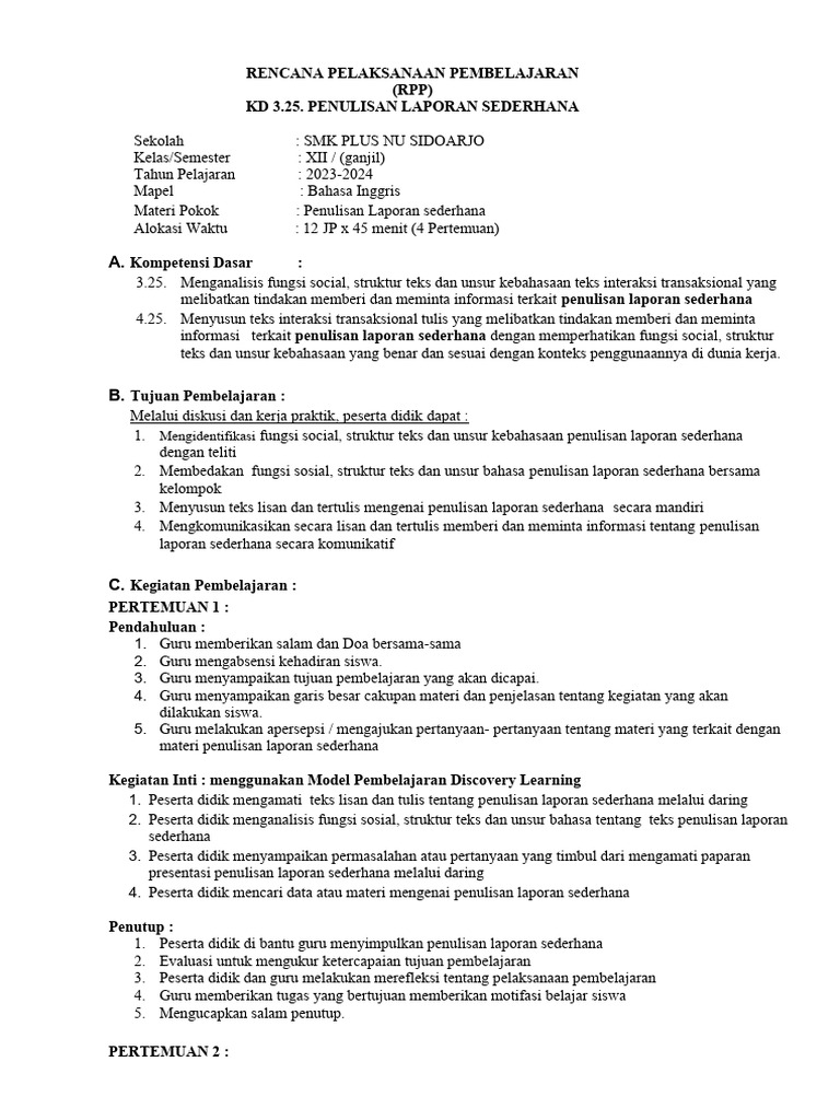 Rpp 3 25 simple report bahasa inggris kelas xii kurikulum 2013 pdf