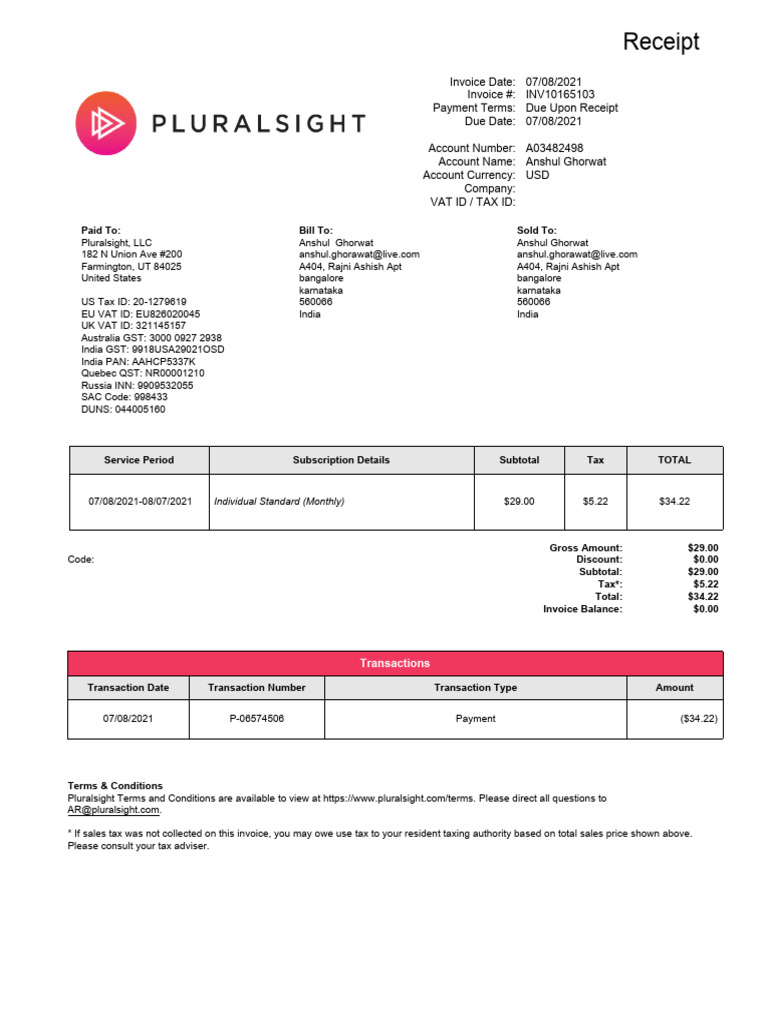 Pluralsight_Invoice-Copy | PDF | Invoice | Value Added Tax