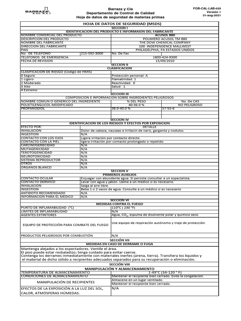 Hoja de Seguridad de Acusol 880 | PDF | Agua | Concentración