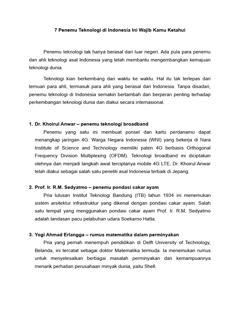 7 Penemu Teknologi Terkenal Indonesia | PDF | Teknologi & Rekayasa