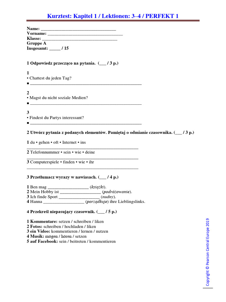 PERFEKT 1 Kurztest K1 L3-4 A | PDF