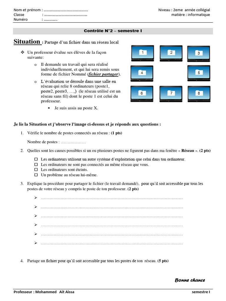 Contrôle Informatique 2AC - Semestre I | PDF | Système d'exploitation ...