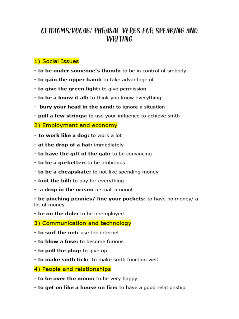 C1 Idioms For Speaking and Writing | PDF | Feeling | Anger