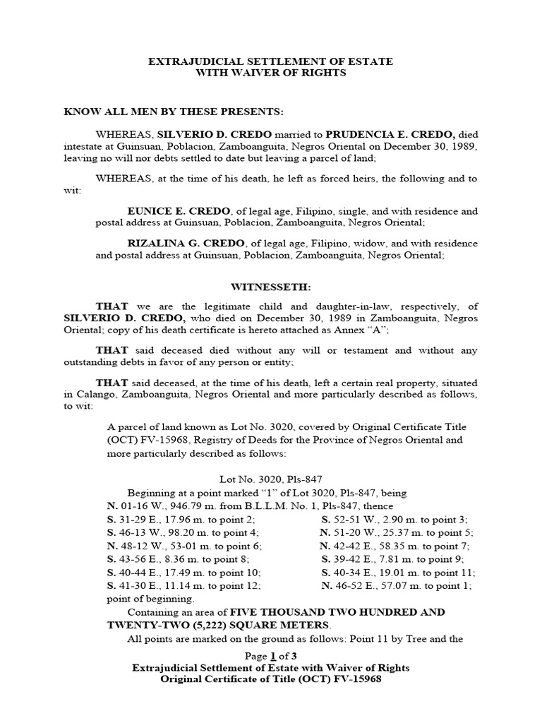 Extrajudicial settlement of estate of silverio d credo with waiver of