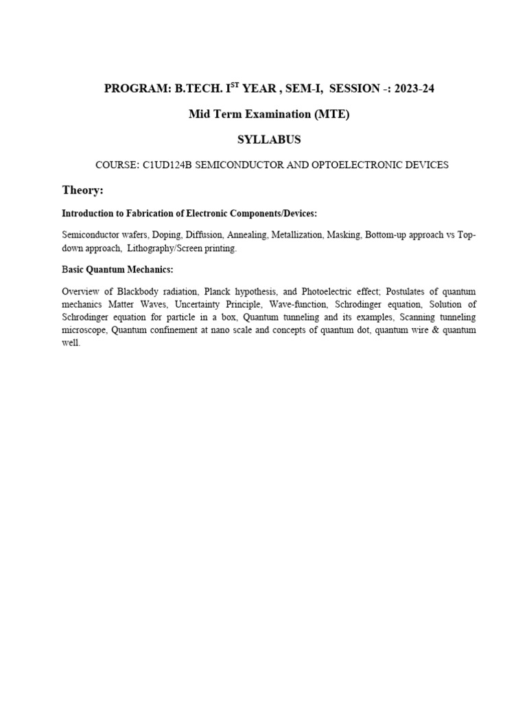MTE Syllabus C1UD124B Semiconductor and Optoelectronics Download