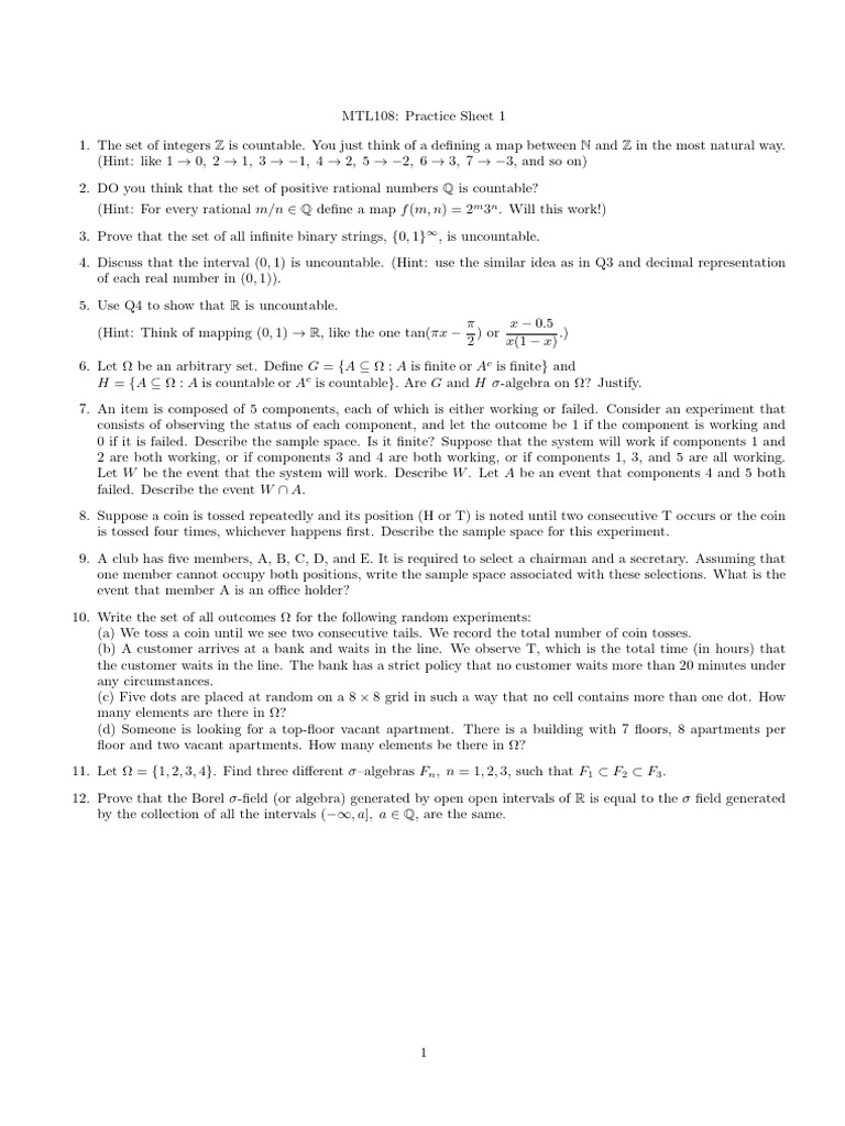 MTL108: Countability and Sample Spaces | PDF | Set (Mathematics ...