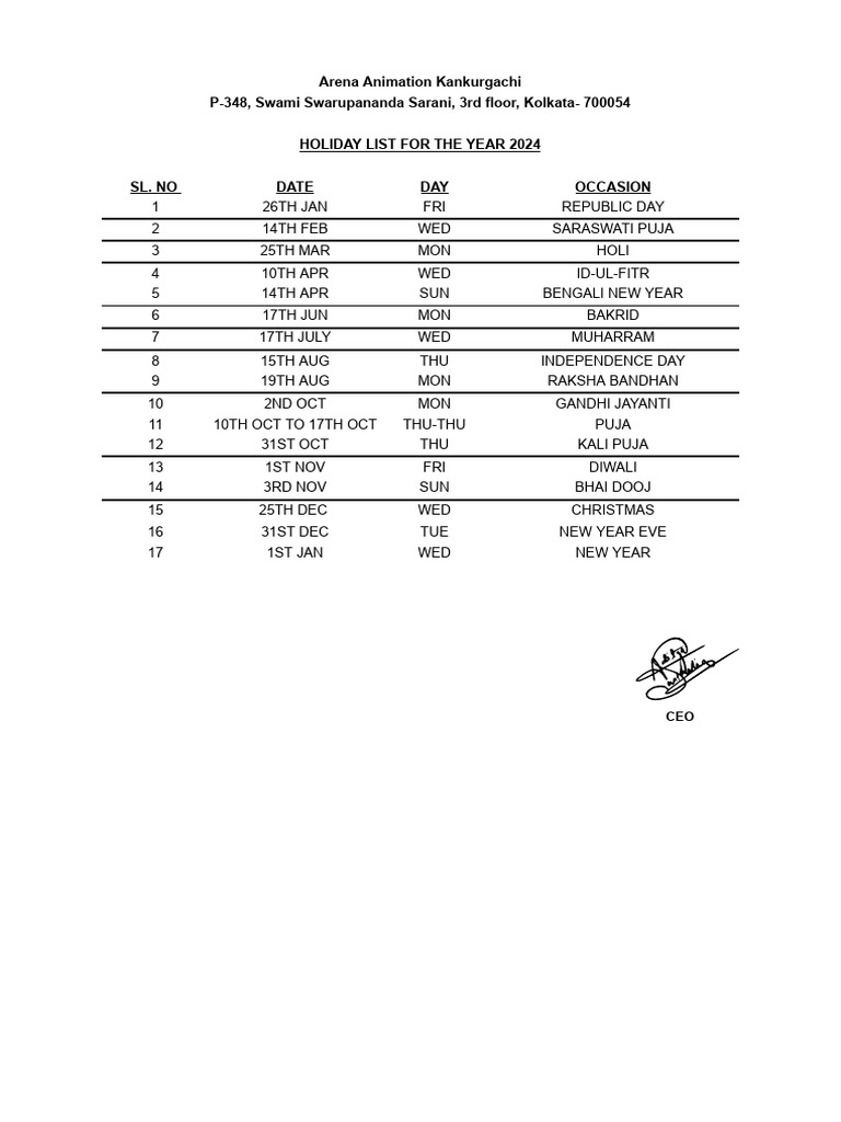 Holiday List 2024 PDF