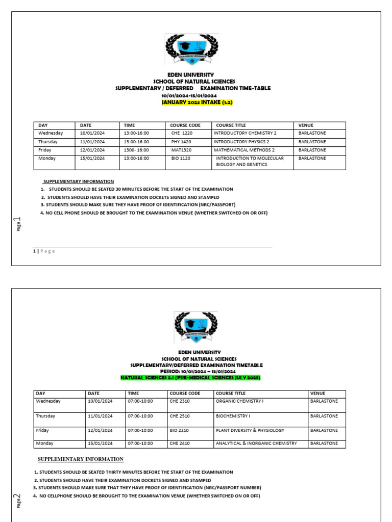 Exam Timetable for Science Students | PDF | Natural Sciences | Chemistry