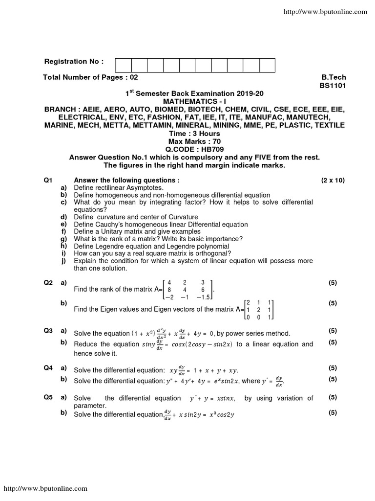 B.Tech Mathematics I Exam 2019-20 | PDF | Equations | Matrix (Mathematics)