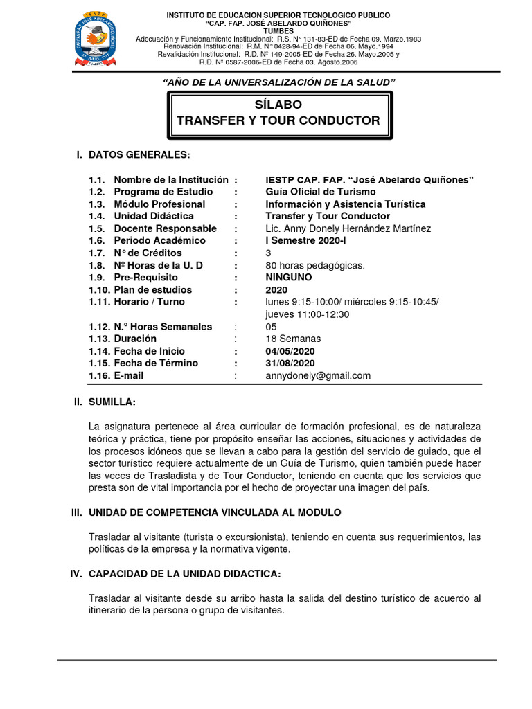 Transfer y Tour Conductor en Turismo | PDF | Evaluación | Plan de estudios