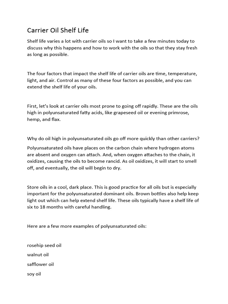 Carrier Oil Shelf Life PDF Vegetable Oil Fatty Acid