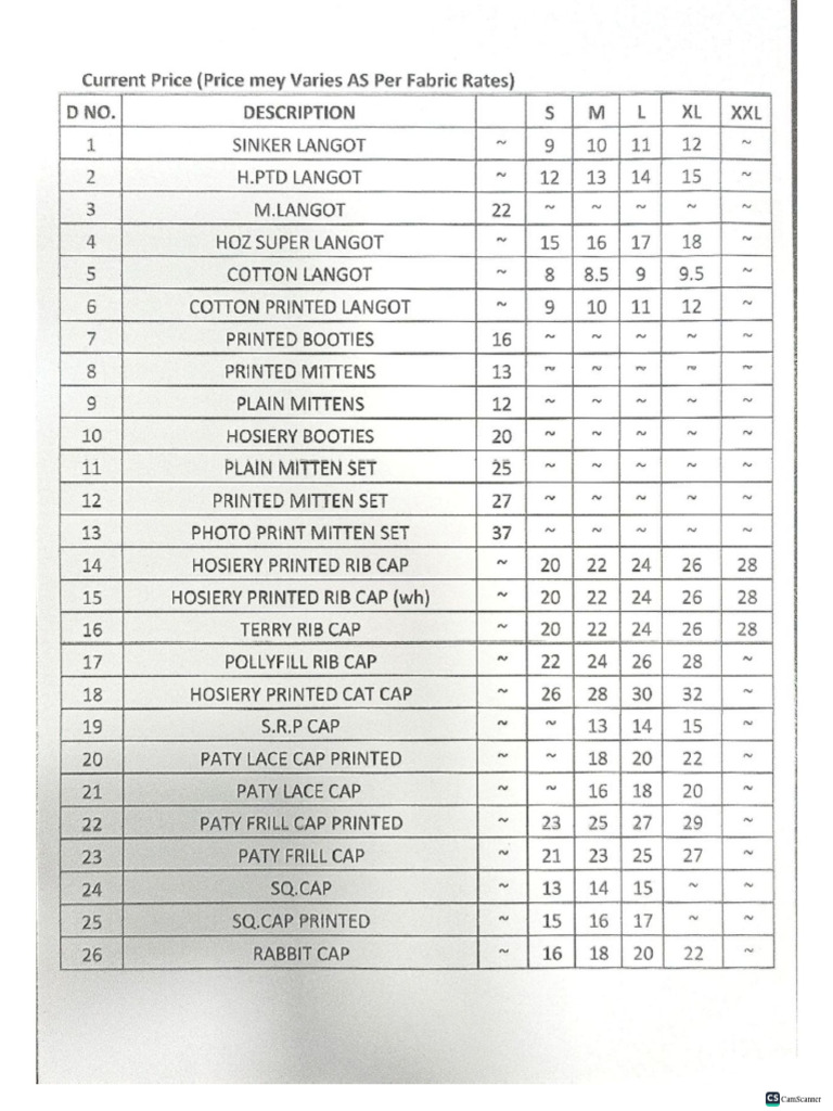 WPL List of Fabric Rates For Baby Cloths PDF