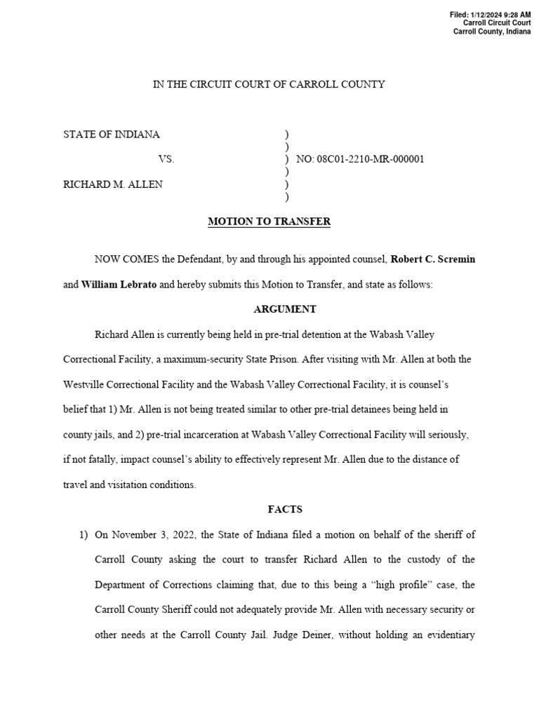 Motion to Transfer Richard Allen's Custody | PDF | Prison | Detention ...
