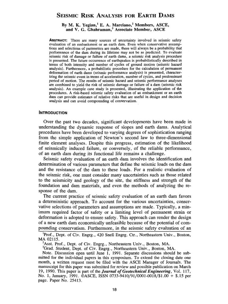 1991 Yegian Et Al Seismic Risk Analysis For Earth Dams Pdf