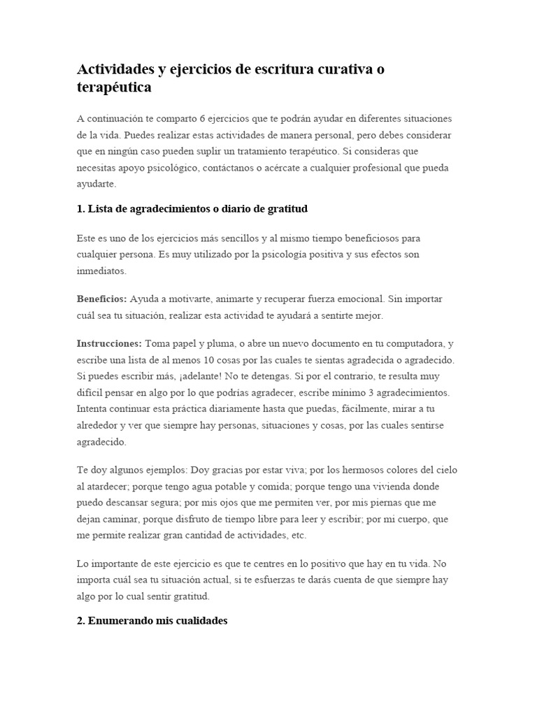 Actividades Y Ejercicios De Escritura Curativa O Terapéutica Pdf