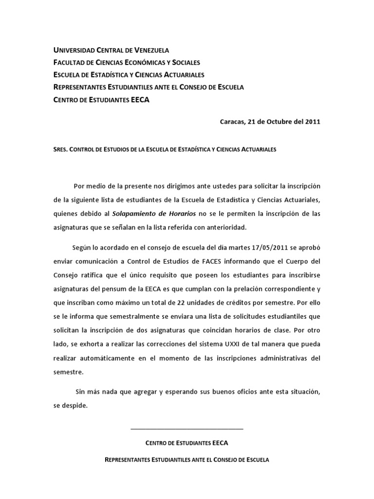 Carta de solicitud de inscripción de asignaturas con 