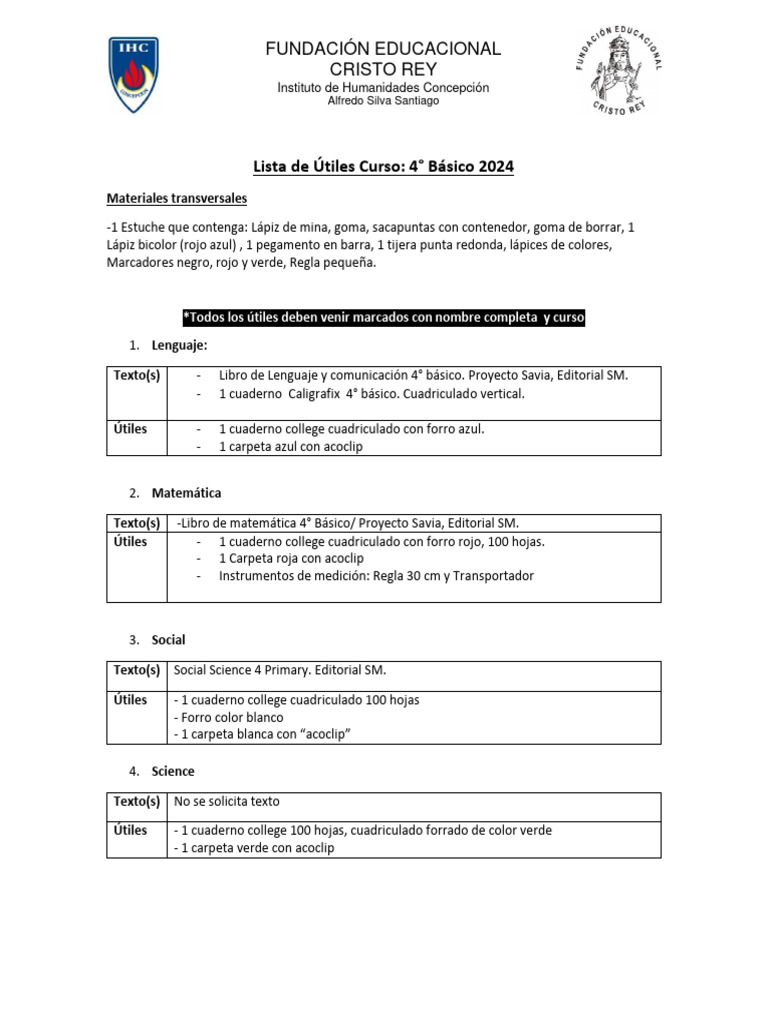 4° Basico Lista de Utiles 2024 | PDF | Materiales de Conservación y ...