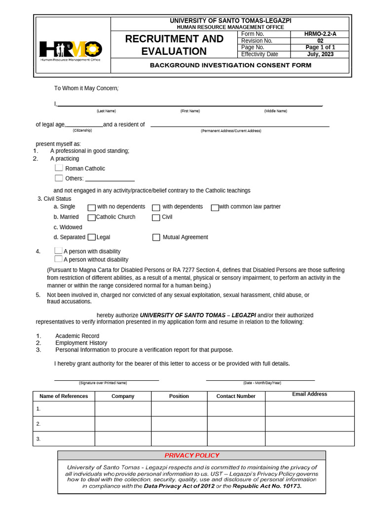 UST-Legazpi Background Investigation Consent Form | PDF