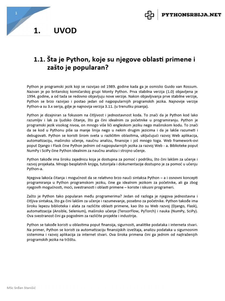 Uvod 1 1 ta je python koje su njegove oblasti primene i za to je