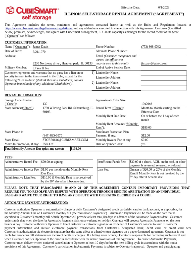 Illinois Self-Storage Rental Agreement | PDF | Credit Card | Volcano