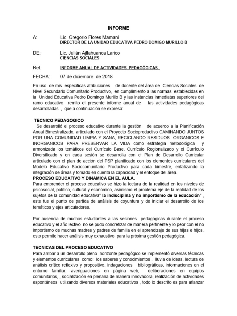 Informe Anual de Actividades Pedagógicas | PDF | Plan de estudios ...