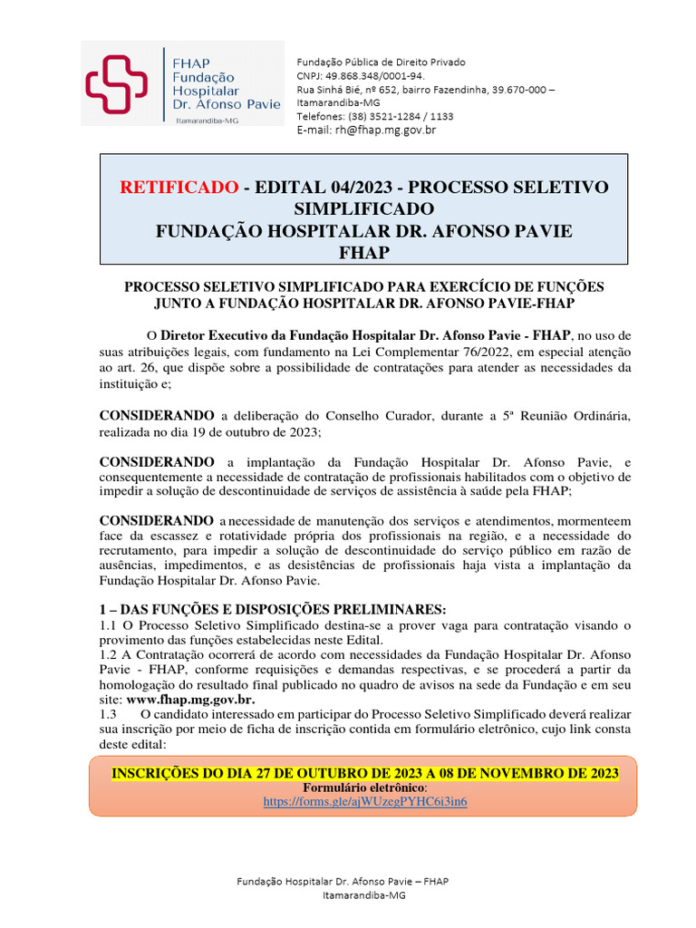 Edital 04/2023: Processo Seletivo FHAP | PDF | Enfermagem | Farmacêutico