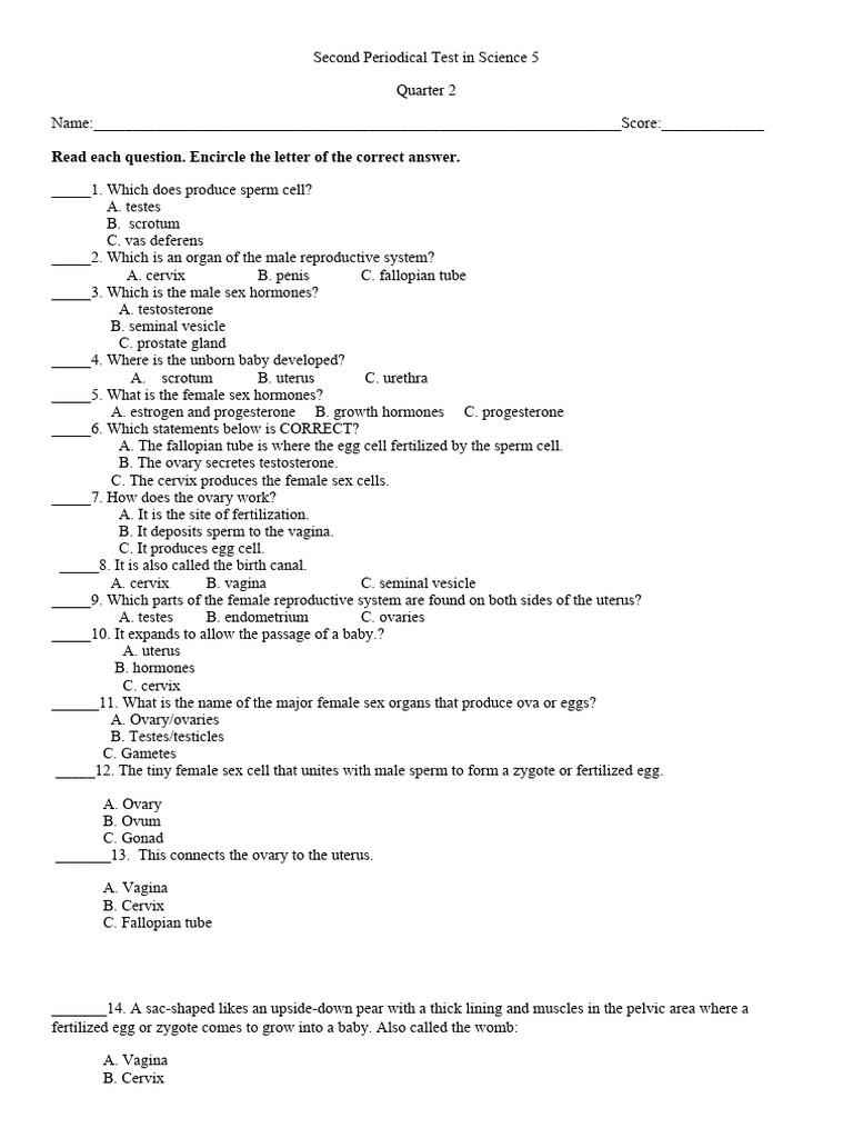 Science 5 Periodical Test: Quarter 2 | PDF | Reproductive System | Flowers