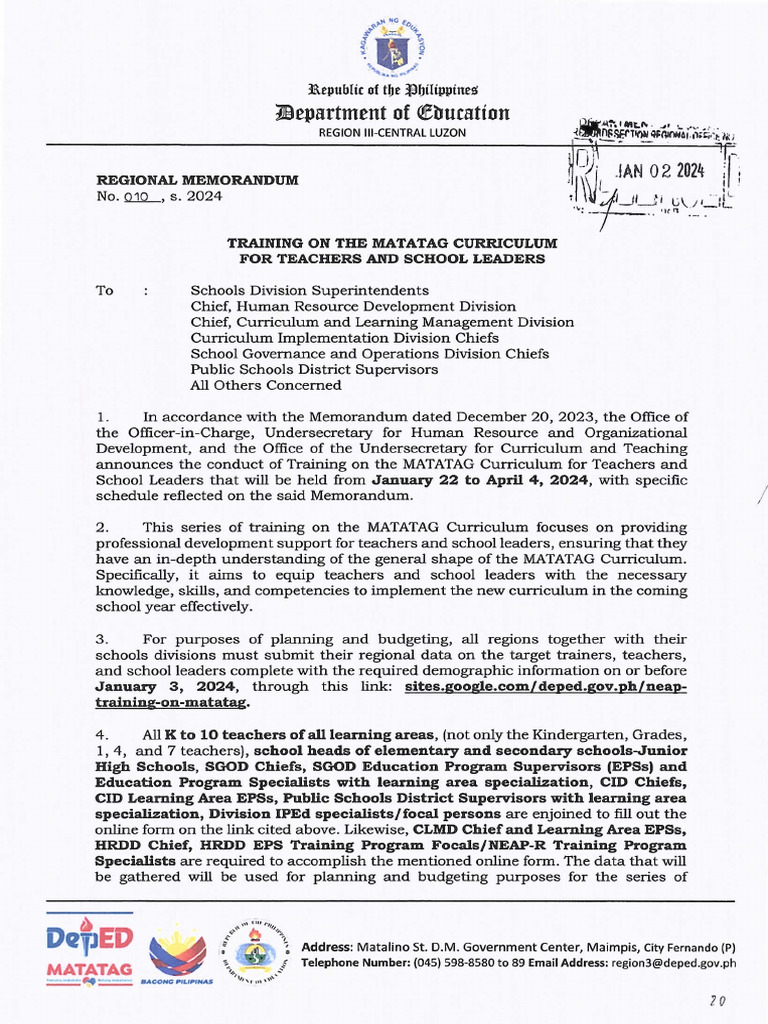 Rm No. 010 s.2024 Training on the Matatag Curriculum for Teachers and
