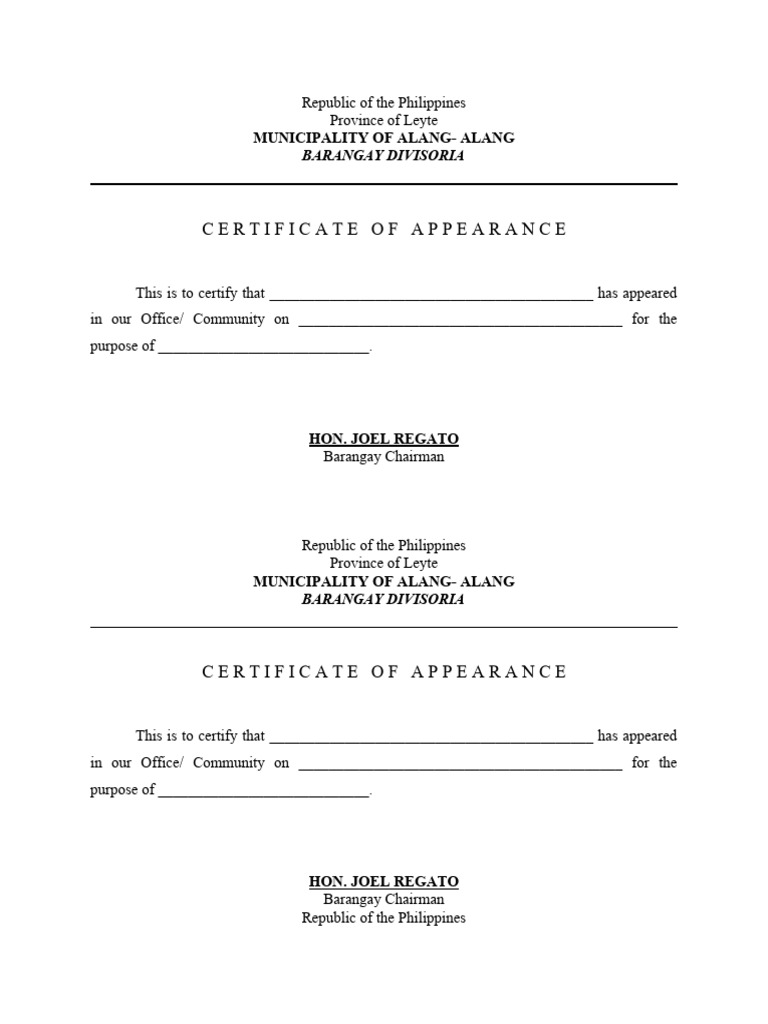 Barangay Certificate of Appearance Template | PDF | Philippines