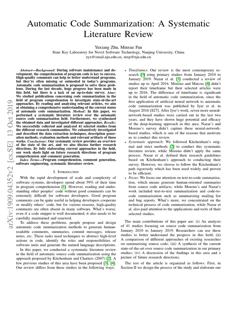Automatic Code Summarization: A Systematic Literature Review | PDF ...