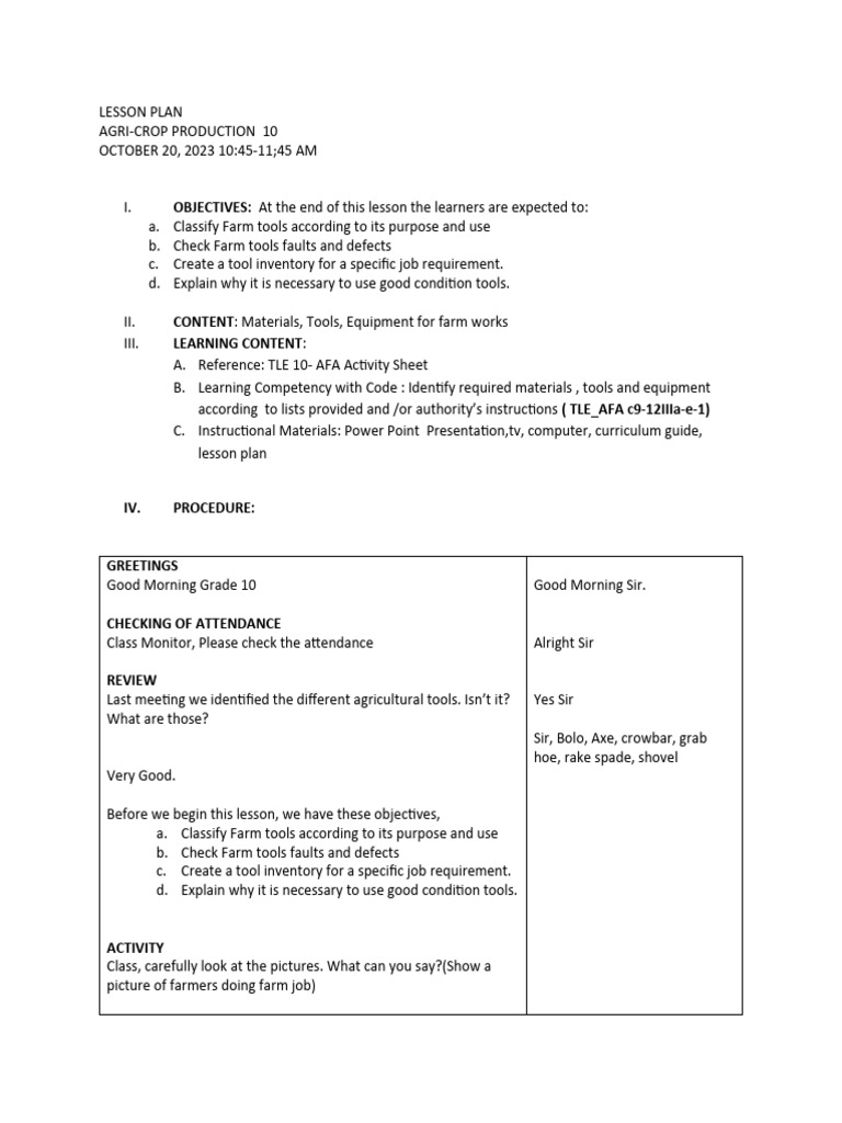 Tool Inventory and Classification Guide | PDF | Lesson Plan