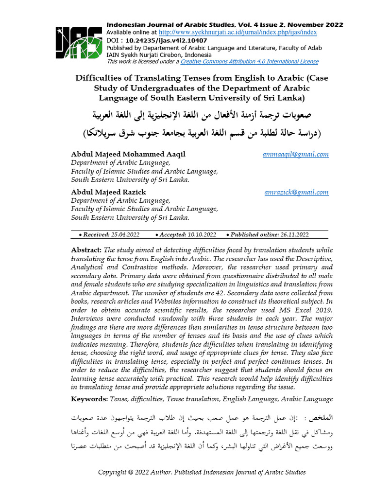 2022.11 Difficulties of Translating Tenses From English To Arabic (Case ...