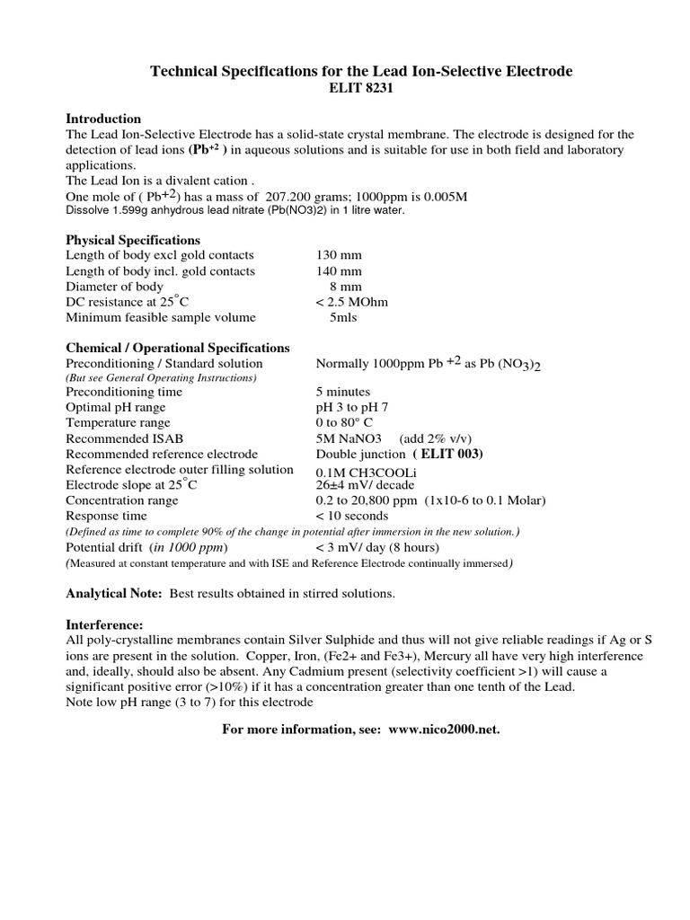 Nitro2000 Lead Ion-Selective Electrode ELIT 8231 Technical ...