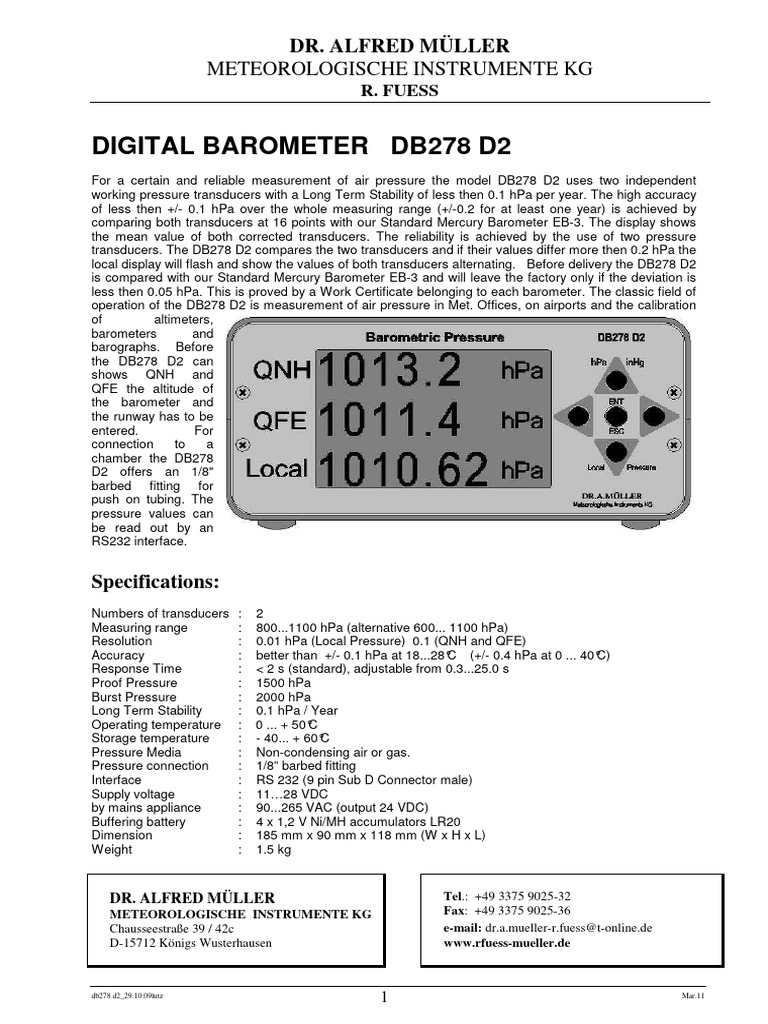 Digital Barometer DB278 D2 Overview | PDF | Atmospheric Pressure ...