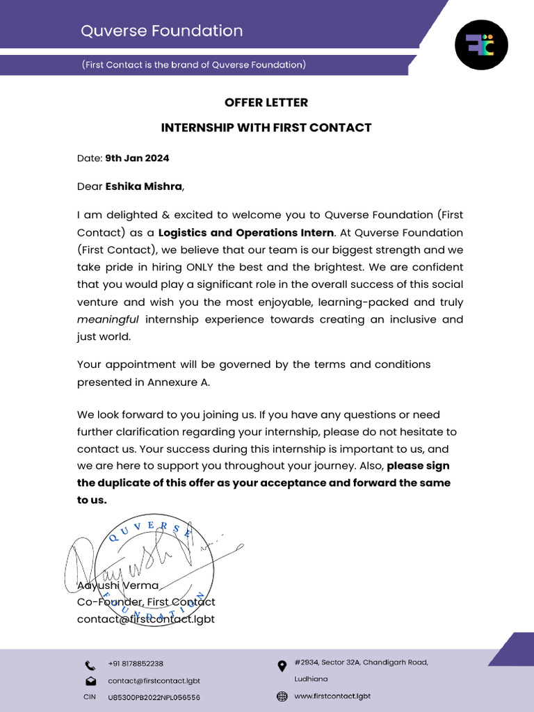 Internship Offer at Quverse Foundation | PDF | Online And Offline | Privacy