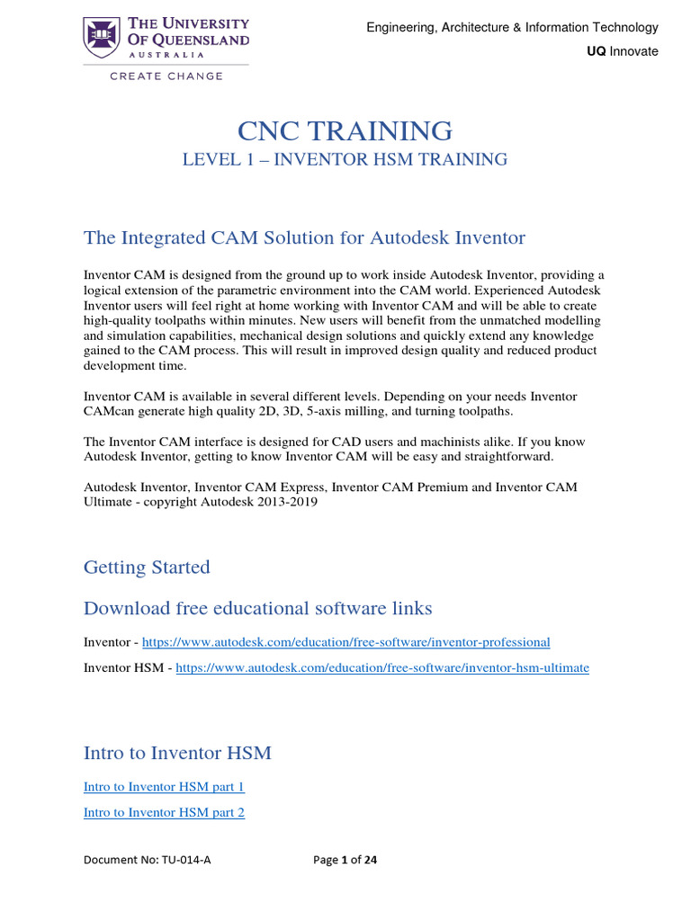 TU-014-A CNC Training - Level 1 Inventor HSM Training | PDF | Machining ...