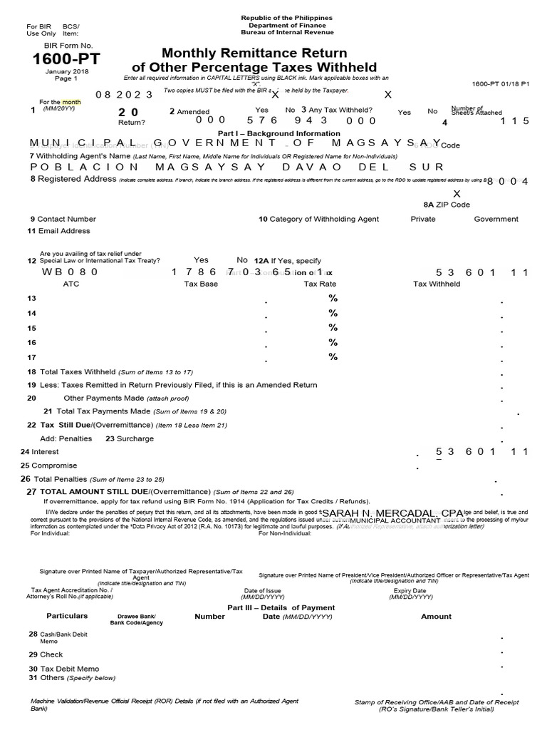 Monthly Remittance Return 1600-PT | PDF | Income | Gross Income