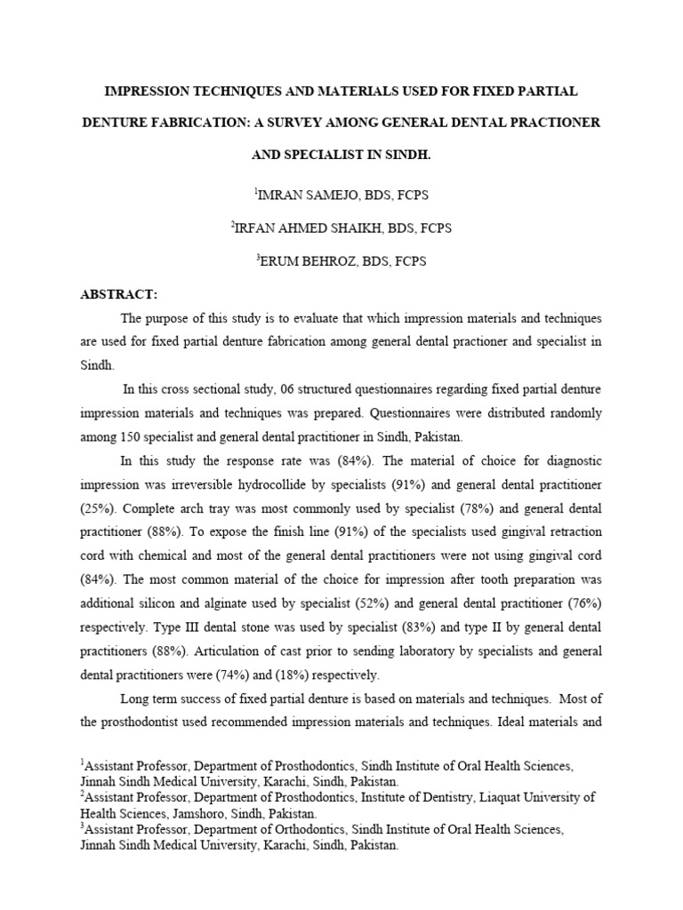 IMPRESSION TECHNIQUES AND MATERIALS USED FOR FIXED PARTIAL DENTURE FABRICATION A SURVEY AMONG