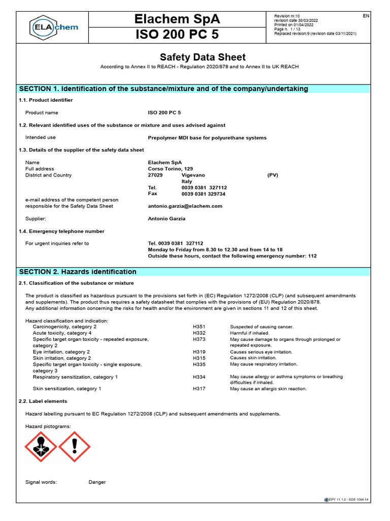Elachem SpA ISO 200 Safety Data Sheet | PDF | Chemical Substances | Hazards