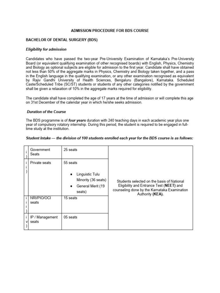 BDS Admission Guidelines for Karnataka | PDF | Dental Degree