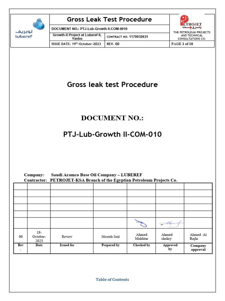PIPING WORKS Gross Leak Test (PTJLubGrowth Rev.0