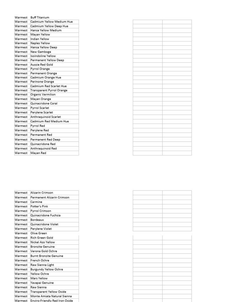 Daniel Smith CIELab Spreadsheet - WarmestWarmCoolCoolest | PDF | Blue ...
